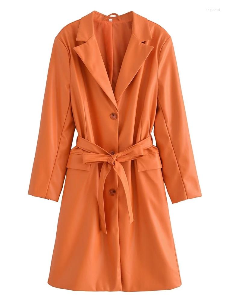 

Women's Trench Coats ZXQJ Women 2022 Fashionr Faux Leather Pu Suit Coat Vintage Long Sleeve With Waistband Female Outerwear Streetwear, Picture shown