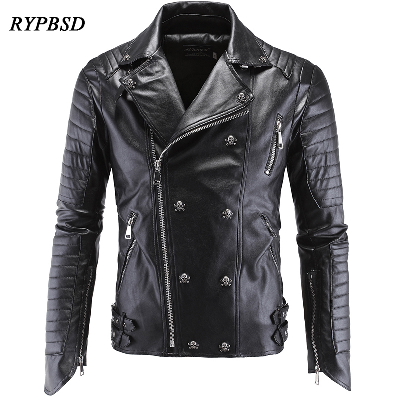 

Men's Fur Faux Fur Brand Skull Leather Jacket Men Punk Style Black Coat High Quality Long Sleeve Vintage Zipper PU Faux Biker Leather Jacket Men 221114