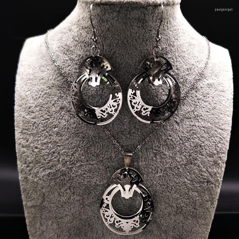 

Necklace Earrings Set Fashion Flower Stainless Steel Jewerly For Women Silver Color And Jewellery Pendientes S178372S07, Picture shown