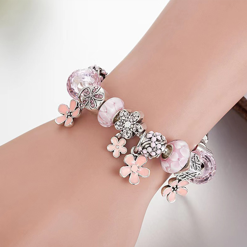 

2022 new charm bracelet hollow pink crystal tree of life pendant safety chain european charm beads bangle fits chakras charm brahand celets necklace