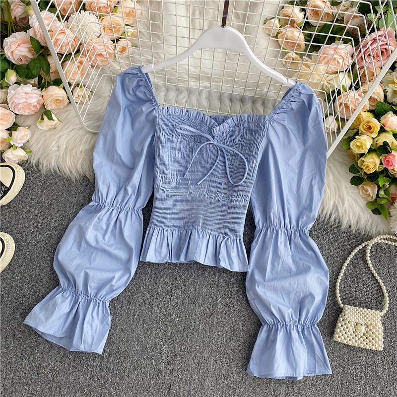 

Women's Blouses 2022 Summer Women Fashion Long Puff Sleeve Sexy Slash Neck Bandage Short Tops Casual Solid Blouse Shirts, Blue