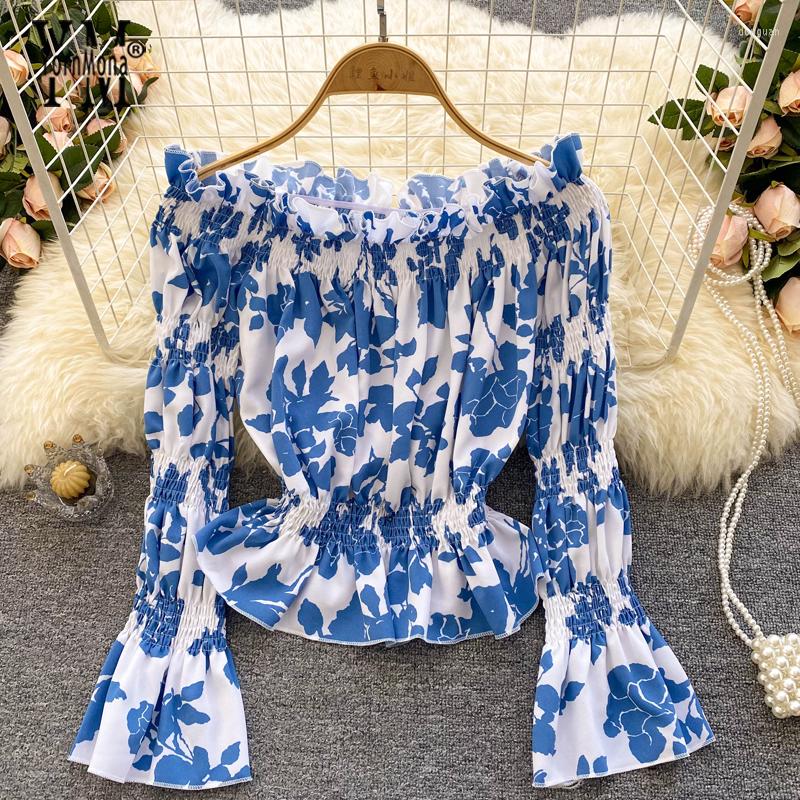 

Women's Blouses YornMona Chic Off Shoulder Ruffled Blouse Shirts Women Vintage Long Flare Sleeve Print Tops Female Blusas, Green