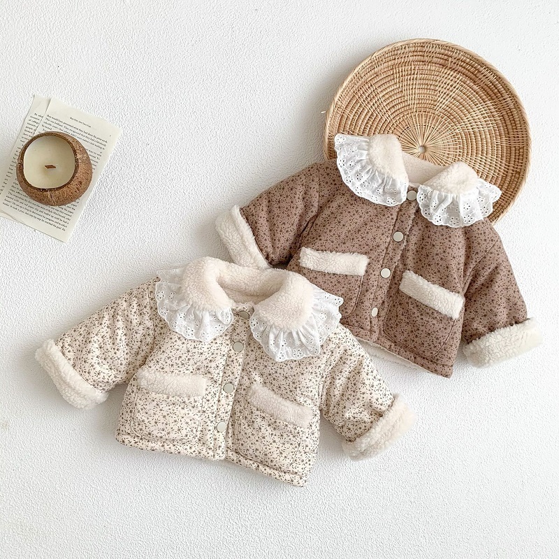 

Rompers born Baby Girl Winter Clothes 03Years Princess Kid Lace Collar Lamb Wool Flower Down Coat Fleece Thicken Warm Jacket Outwear 221114, Khaki