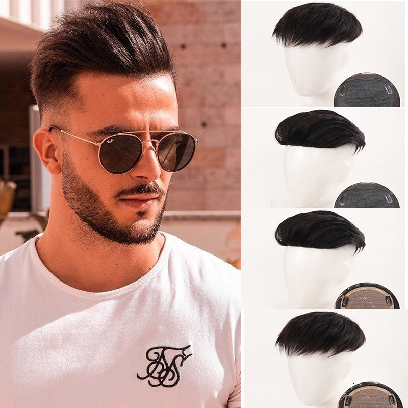 

Synthetic Wigs DIFEI Synthetic Hair Topper Natural Black Replacement Wig With 3 Clips Clipped On The Man's Head Closed Hairpiece 221116, 140-2