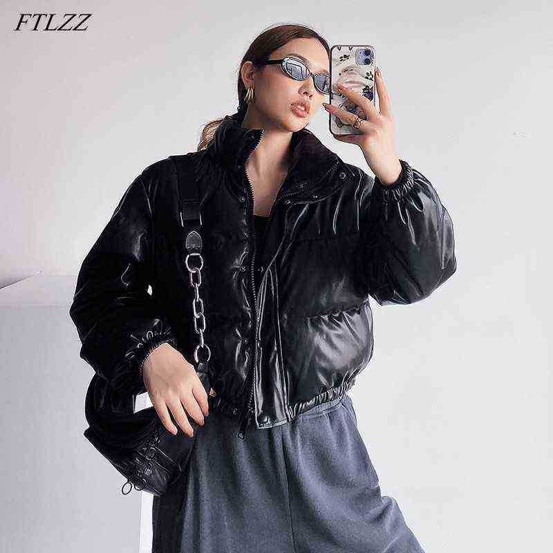 

Ftlzz Winter Women Soft Faux Leather Short Jacket Thickening Snow Cotton Jacket High Street Snow Parker Black Pu Leather Outrunner J220727