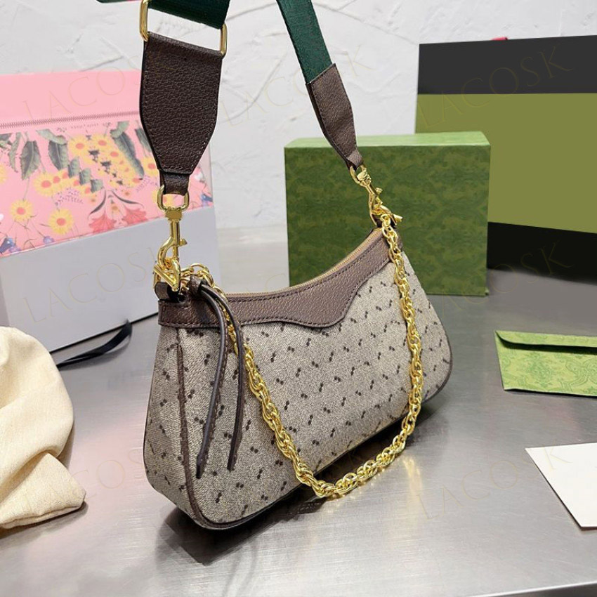 

New Luxurys Designer Bags for Mens Womens Chain Canvas Shoulder Strap Letter Crossbody Underarm Handbags Hobo with Box, Brown