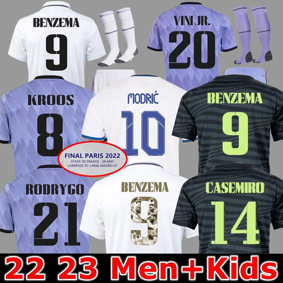 

2023 BENZEMA Finals soccer jersey 21 22 23 football shirt Real Madrids CAMAVINGA ALABA MODRIC VALVERDE Fourth camiseta men kids 2021 2022 uniforms VINI JR TCHOUAMENI, 22 23 home aldult player ucl