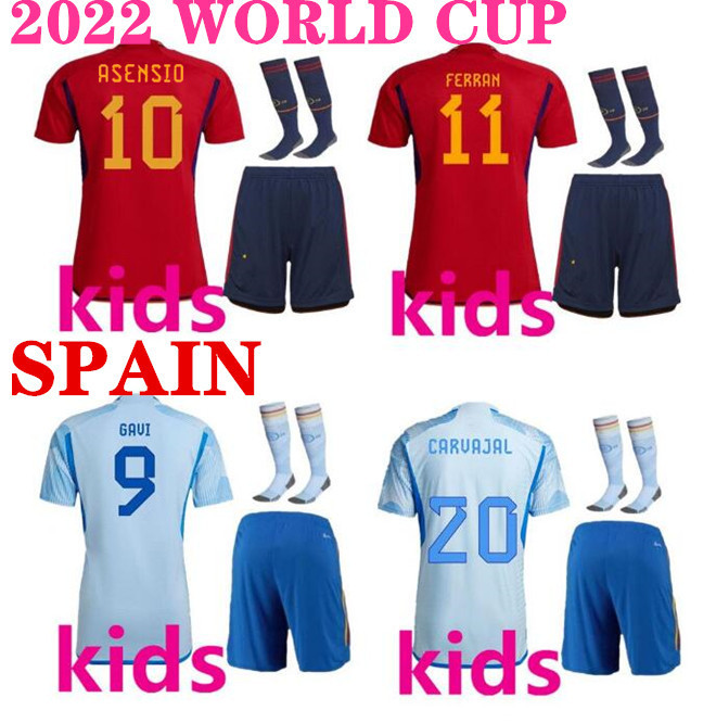 

22 23 Spain soccer jerseys 2022 2023 PEDRI Espana MORATA BOYS KOKE GAVI AZPILICUETA RAMOS football shirts kids kits LLORENTE ANSU FATI, 2022 home no socks