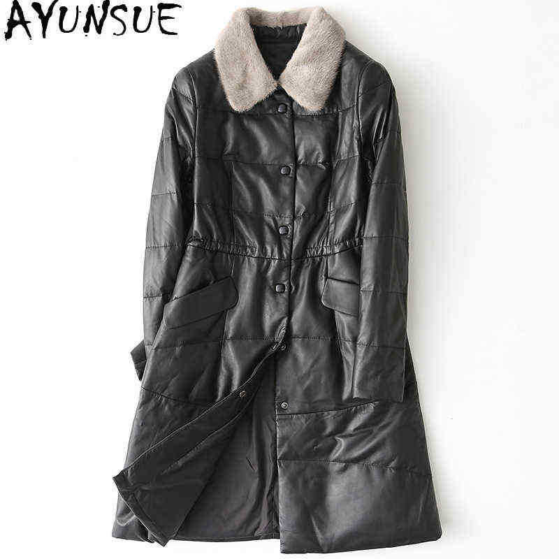 

Ayunsue 100 Sheepskin Jacket Women'e Genuine Leather Jacket Mink Fur Lining Jackets Famale Long Down Jackets Veste Cuir Femme 1221 J220727, Black