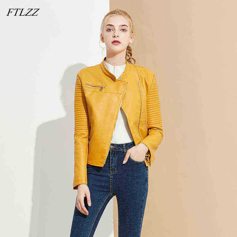 

Ftlzz 2022 New Spring Women Yellow Faux Leather Jacket Female Oneck Zipper Pu Leather Jackets Jacket Motorcycle Biker Jacket J220727