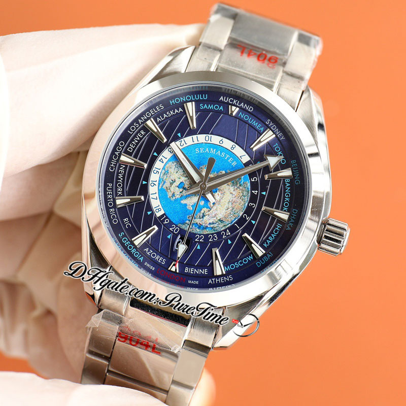 

Aqua Terra 150M Wordtimer A8500 Automatic Mens Watch GMT Blue White Dial Stick Markers Stainless Steel Bracelet Watches Puretime E455f6, Customized waterproof service