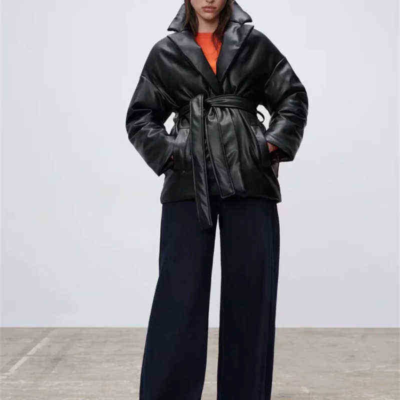 

2022 Women' Winter New Fashion Leather PU Suit CottonPadded Coat Adjustable Waist op Long Sleeve Ladies Outwear J220727, Black