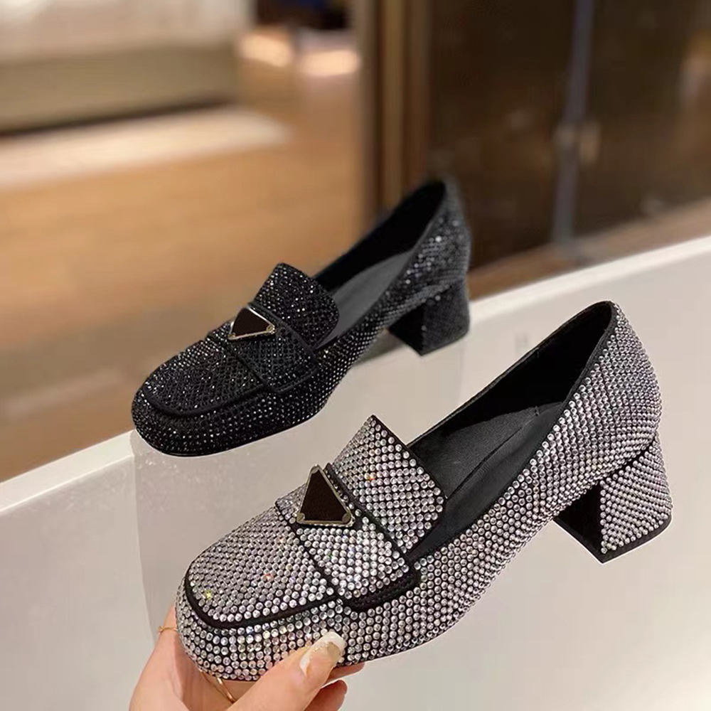 

Dress Shoes imitation crystal decorative satin Lefu shoes high heels classicTriangle buckle rhinestone pumps 45mm Chunky heel Women luxury designer Shoe, Gifts are not sold separately