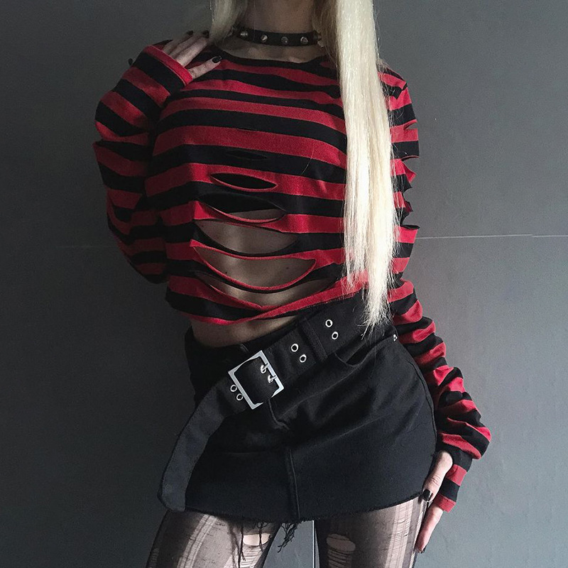 

Women' T Shirts InsGoth Striped Sweaters Street Cutout Christmas Loose Dark Long Sleeves Tops Y2K Gothic Harajuku Grunge One-Neck winter Pullover, Red