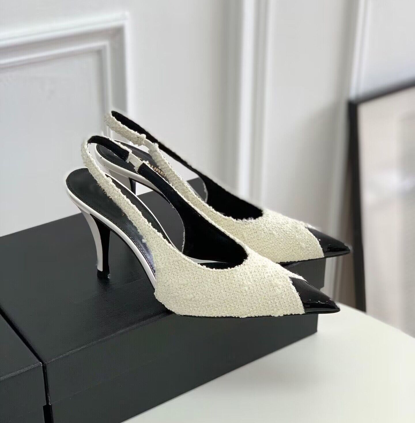 

Women Sandals dress shoes brand high heels pumps slingback vesper sling back boucle tweed black white red pointy toe 35-42