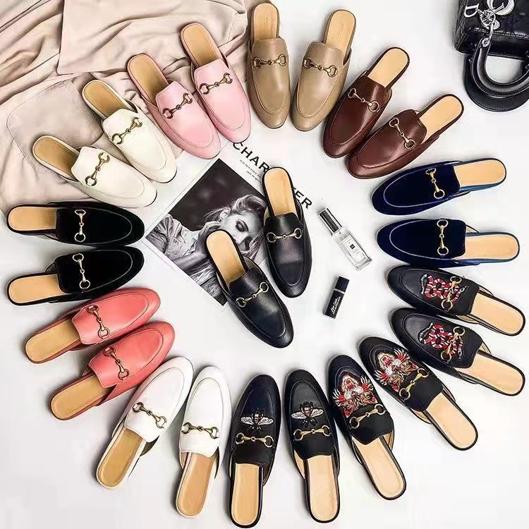 

Designer Women Mules Slippers Loafers Slides Sandals Genuine Leather Shoes Metal Chain Lace Velvet Slipper, Color21