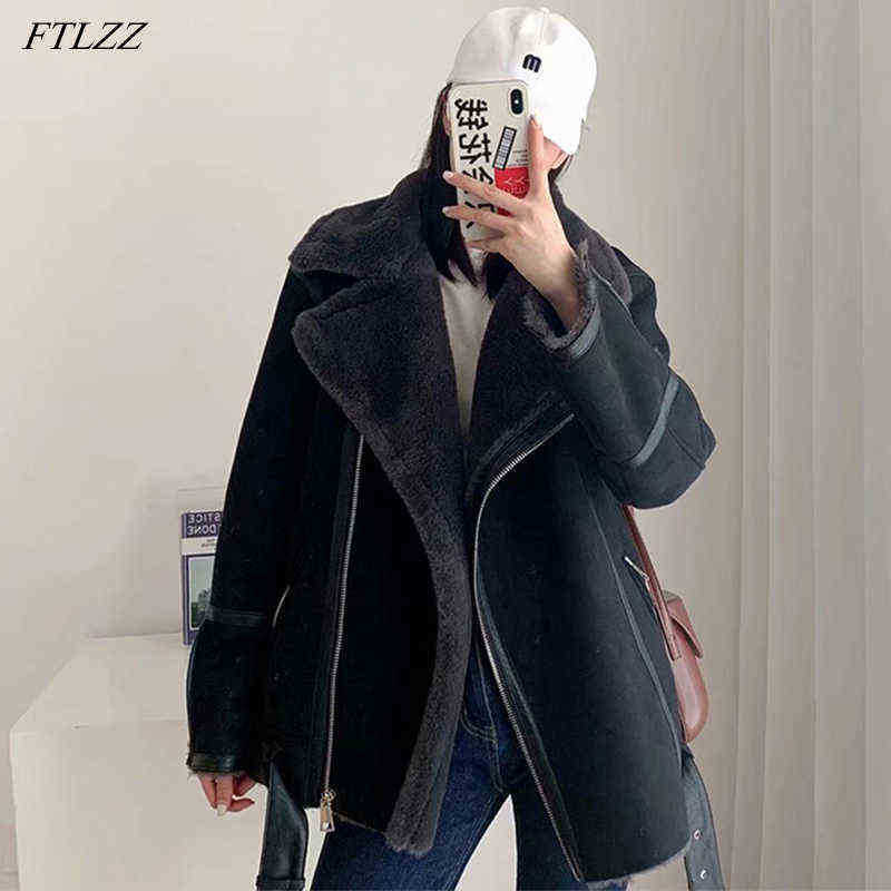 

Ftlzz Winter Women Faux Leather Fur Jacket Leather Jacket Moto Bike Thickness Overcoat Lamb Wool Splicing Warm Outfit With Belt J220727, Black