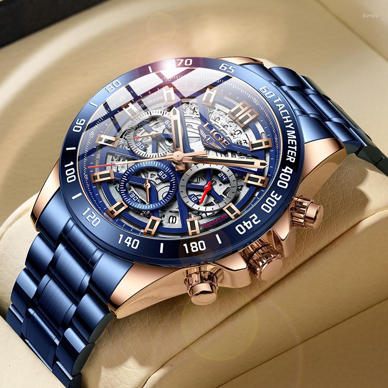 

Wristwatches 2022 Sport Watches For Man LIGE Top Brand Stainless Steel Waterproof Clocks Mens Military Quartz Wrist Watch Chronograph, Rose gold blue