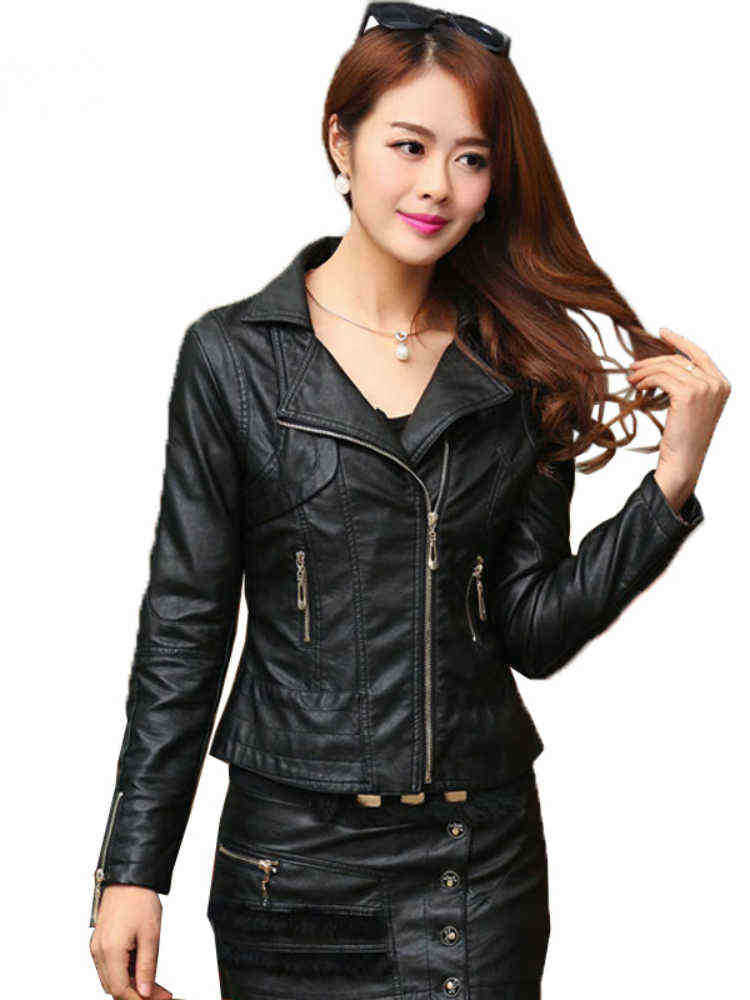 

Ftlzz Autumn Faux Pu Leather Jacket Women Slim Punk Style Short Design Long Sleeves TurnDown Collar Zipper Leather Jacket J220727, Black