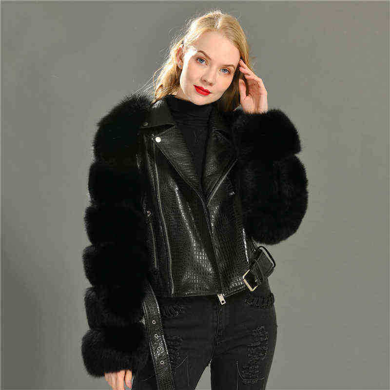 

Women Real Fox Fur Sleeves Crocodile Pattern Leather Jacket Short Style Natural Fox Fur Jacket J220727, Black