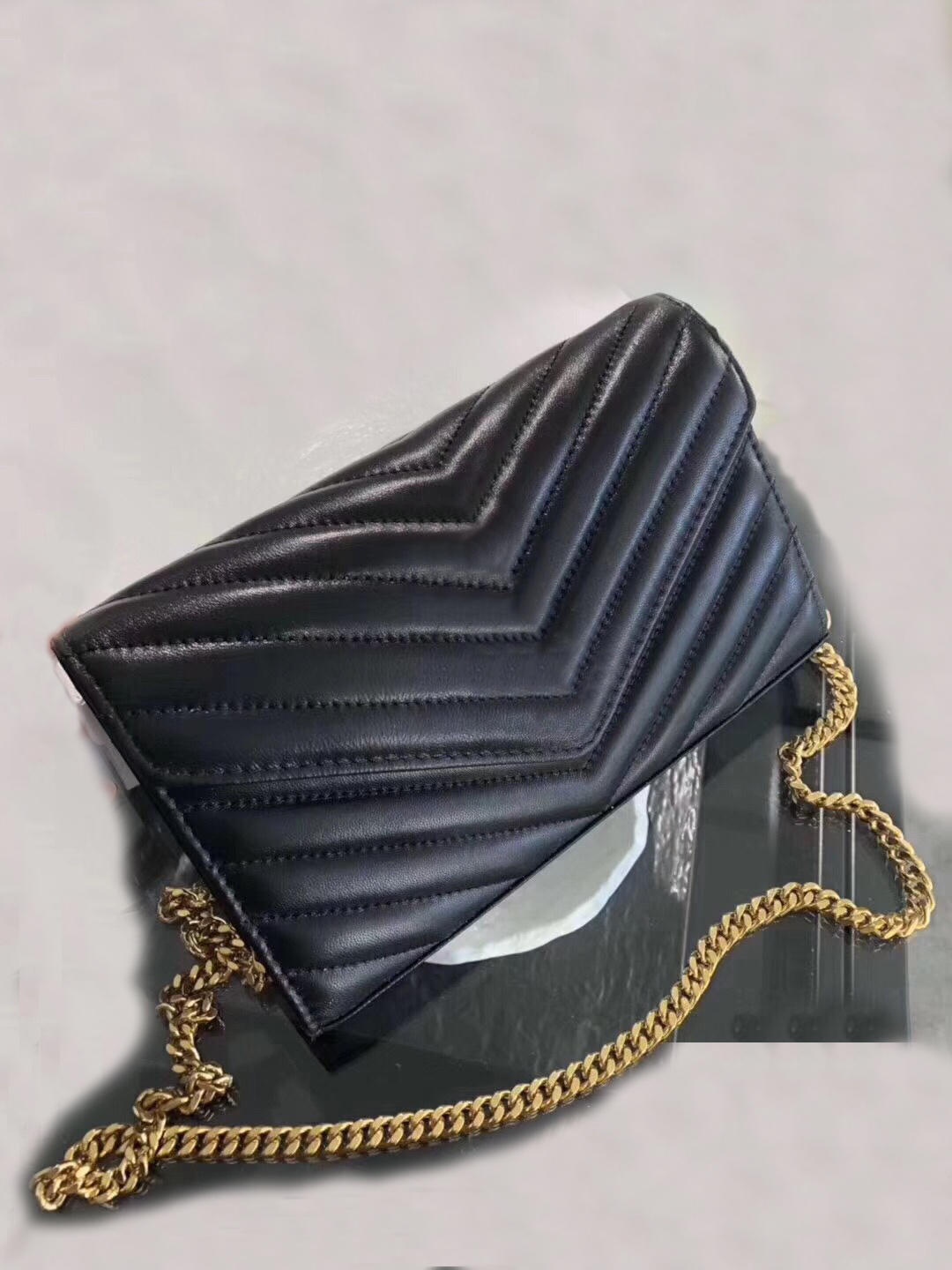 

designer Bags Gold Chain Sheepskin Classic Front Flap Wallets Shoulder Bag Crossbody Wallet with Box Package purse, Black/gold chain