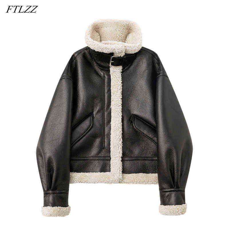 

Ftlzz Autumn Winter Pu Leather Short Thick Jacket Women Faux Soft Leather Sheepskin Fur Jacket Female Loose Snow Warm Runner J220727, Black
