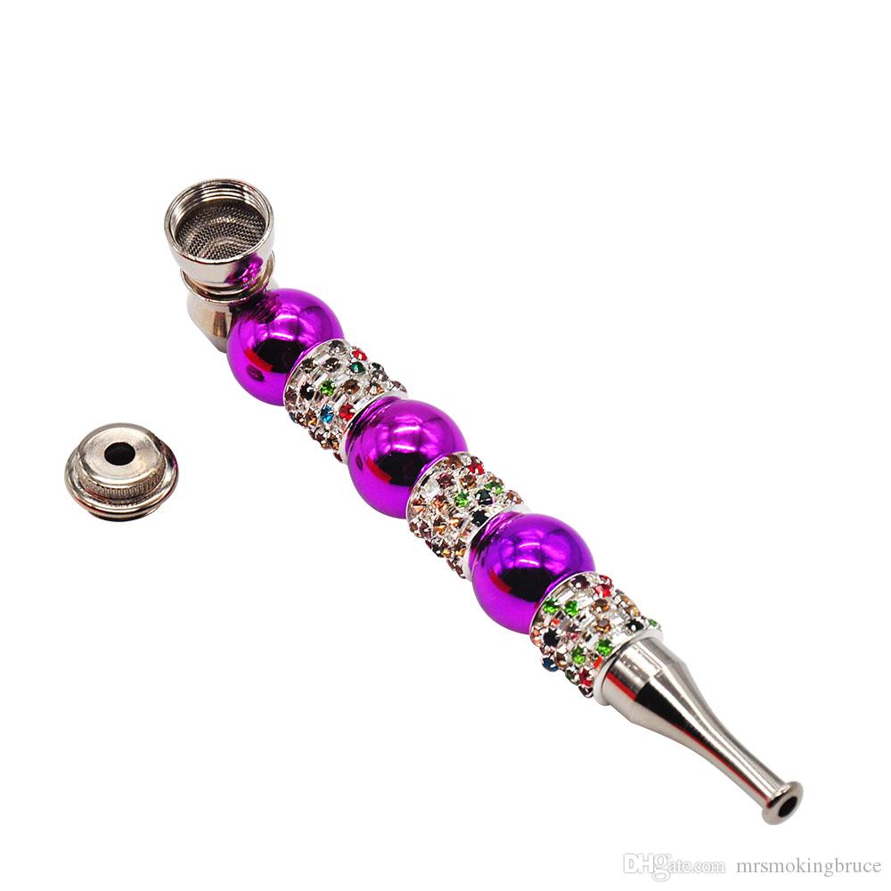 

smoke shop Dry Herb New Luxury Gemstone Zinc Alloy Metal Smoking Pipe 145MM With Bowl Hand Spoon Pipe Detachable Tobacco