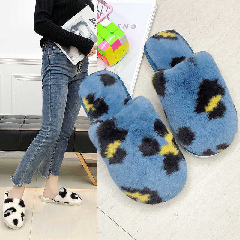 

Slippers Wool Cotton Slippers for Women in 2023 Winter Warm Home Cow Pattern Korean Version Baotou Plush Indoor Sewing 0930, Blue