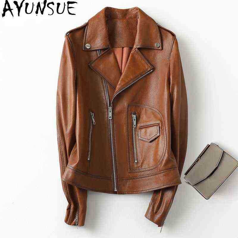 

Ayunsue Women Leather Jacket Spring Autumn 2021 100 Real Sheepskin Jackets Biker Jackets For Women Jaqueta De Couro Gxy506 J220727, Brown.