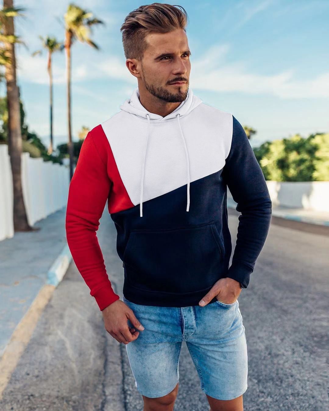Outdoor Jackets Hoodies New Men's Wear Pullover Spliced Against Color Casual Elastic Sports Hoodie