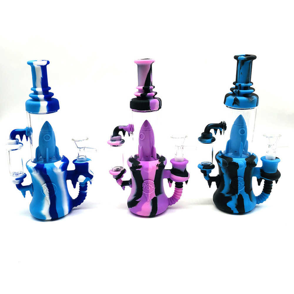 

Hookahs 14'' Silicone Bongs with Glass Roacket Percolator Durable Silica Gel Colorful Bong Dab Oil Rigs for Smoking