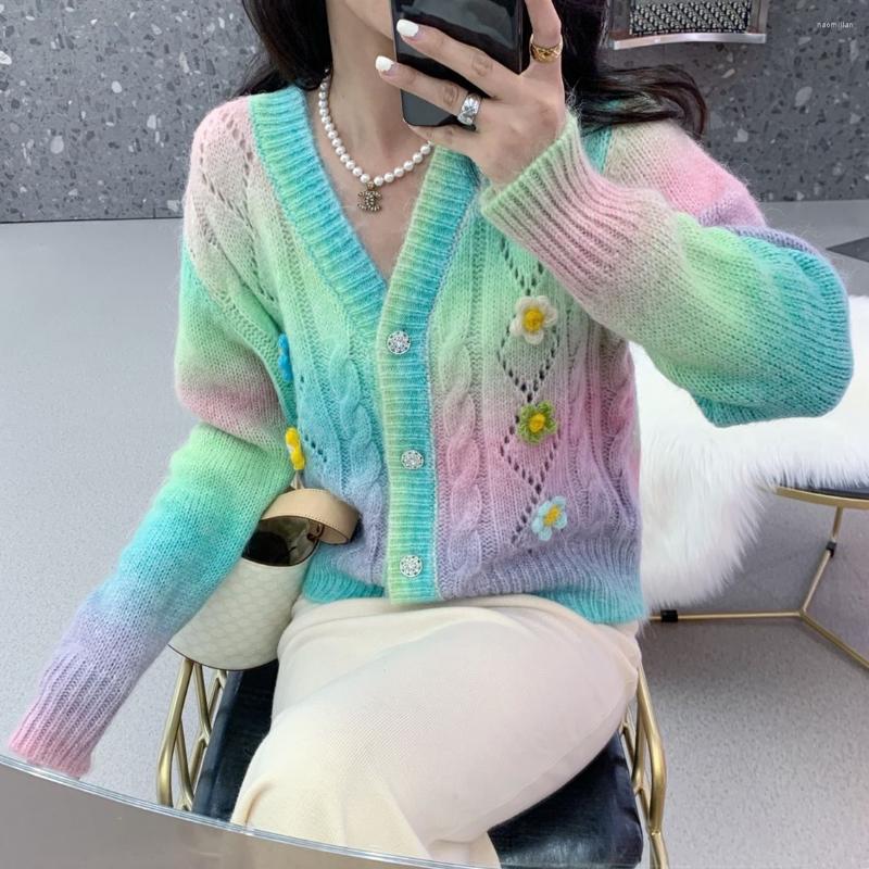 

Women's Knits 3D Flowers Rainbow Color Striped Knit Cardigan Twist Crocheted Sweater Coat Single-breasted Hooked Knitwear Jacket Tops 2022, Pink