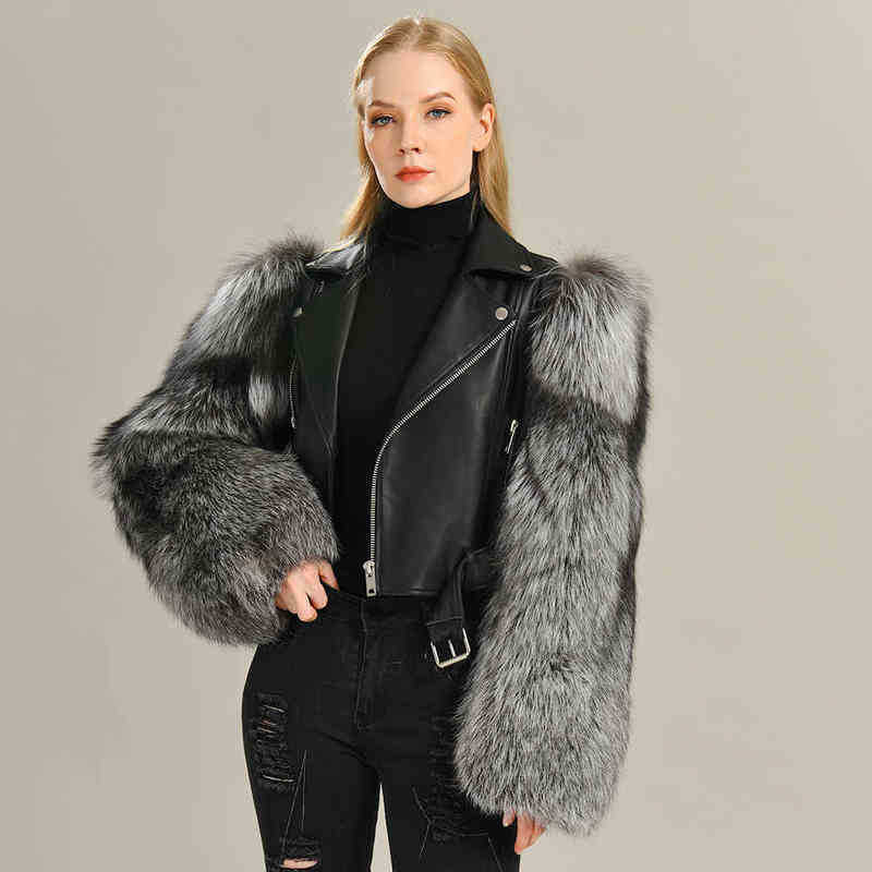 

Women Real Leather Long Jacket Fall Real Fox Fur Collar Cuffs Jacket 2021 Fashion Real Sheepskin Windbreaker With Belt J220727, Style 3-blue