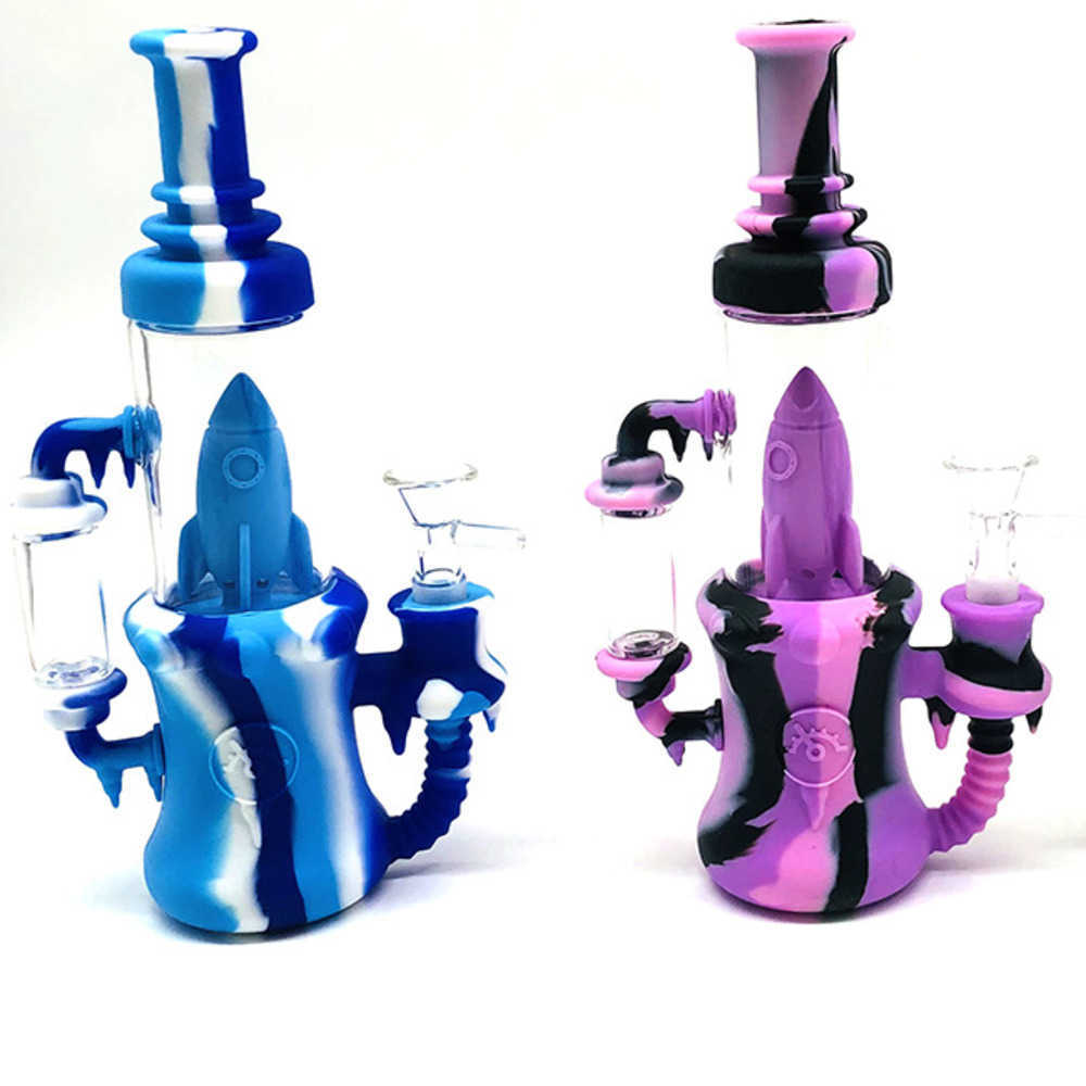 

Hookahs 14'' New Arrival Silicone Bongs with Glass Roacket Percolator Durable Silica Gel Bong Dab Oil Rigs for Smoking Pipe