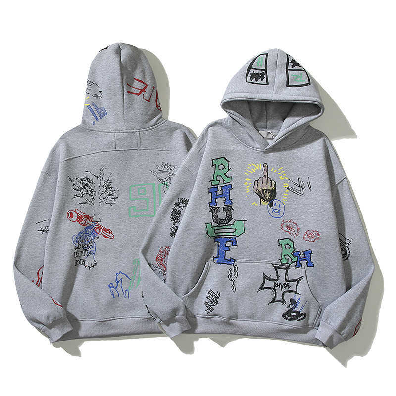 

Trend 2022 Spring and Autumn Rhude H-painted Graffiti Printing Men's Women's Couple Hoodies Hooded Jackets Coats, Gray