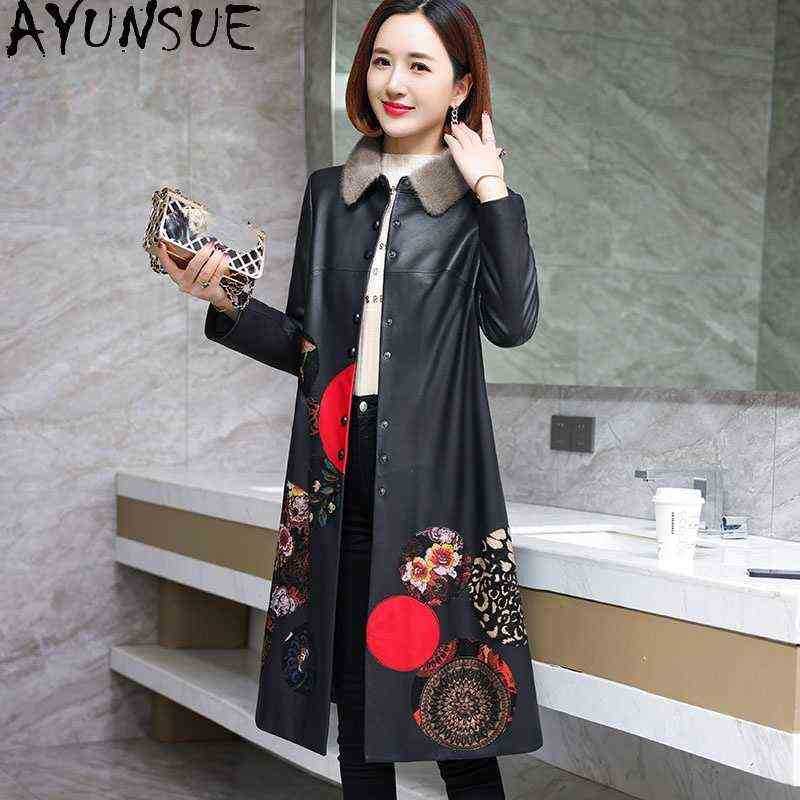 

Ayunsue Winter 100 Real Sheepskin Leather Coat Women Long Down Jackets Mink Fur Collar Jackets Flowers Printed Casaco Feminino J220727, Black