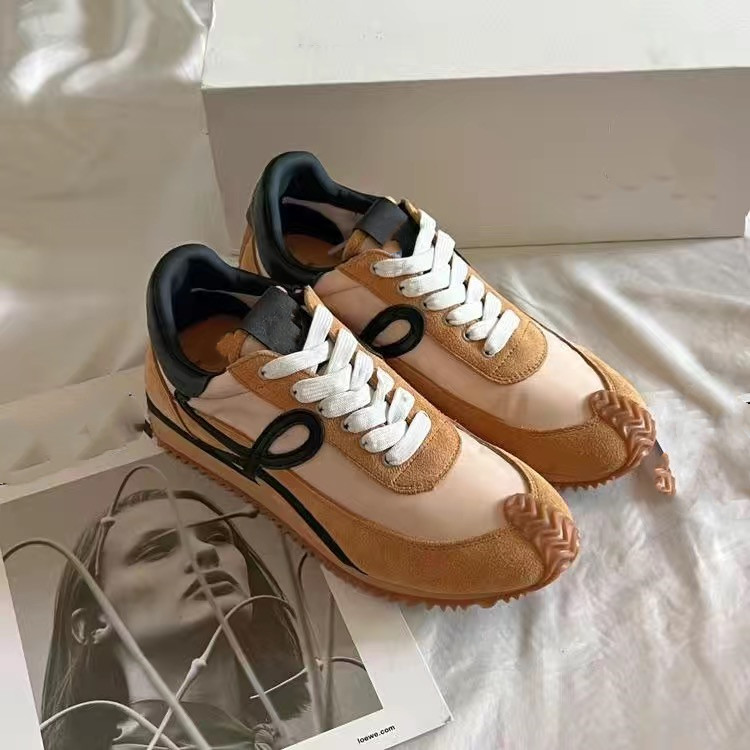

Mens Womens Loews Luxury Casual Shoes Flow Runner in nylon suede Lace up sneaker soft upper honey rubber wave sole that curves around the toe and heel L monograms side 06