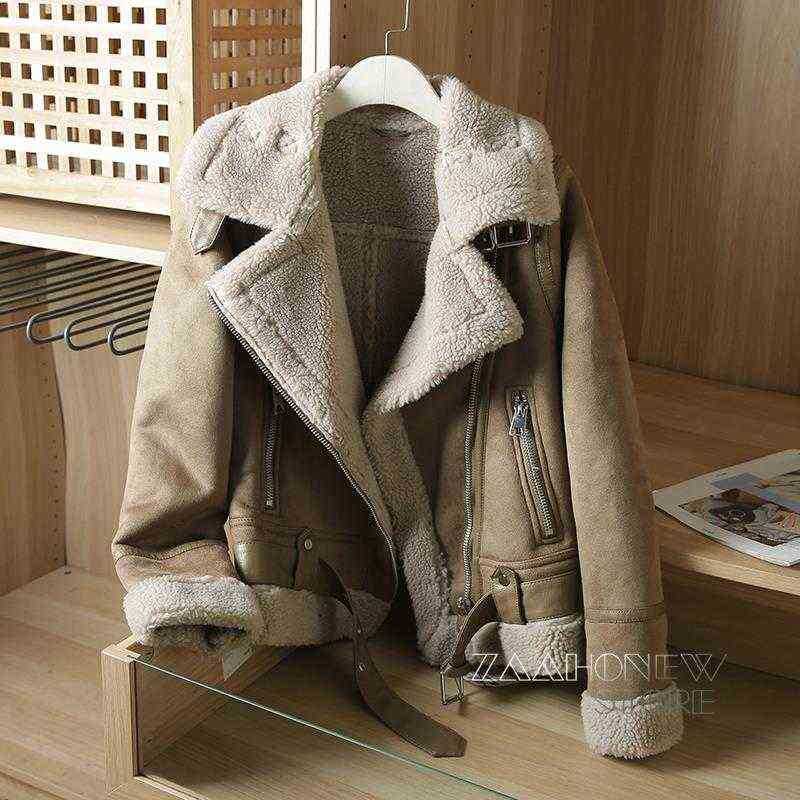 

Zaahonew 2021 Winter Women Thick Warm Vintage Suede Lamb Wool Biker Jackets Jacket Sharpen Casual Loose Faux Leather Outfit Female J220727, Black