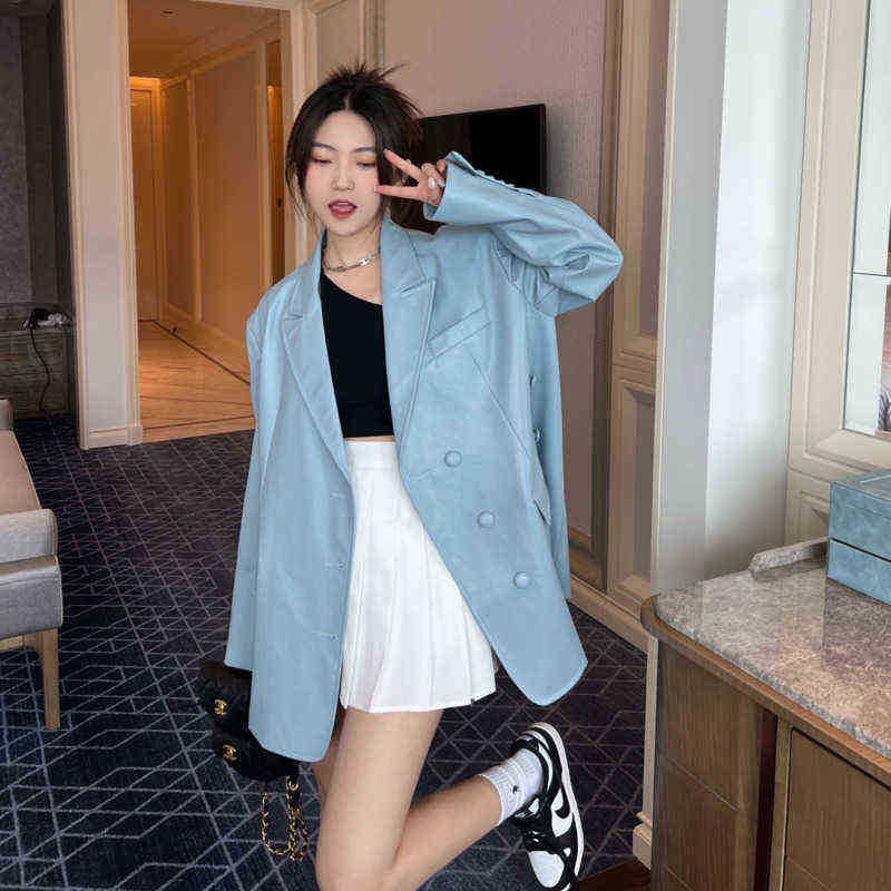 

Loose Fit Green Pu Leather Jacket New Lapel Long Sleeves Women Jacket Fashion Tij Spring Autumn 2022 Female Streetwear Outrunner J220727, Blue