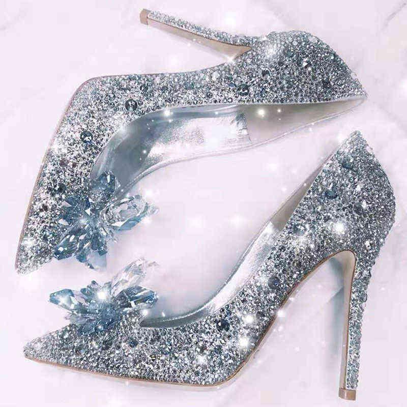 

2022 Newest Cinderella Shoes Rhinestone High Heels Women Pumps Pointed toe Woman Crystal Party Wedding Shoes 5cm/7cm/9cm top quality, Red drill flat