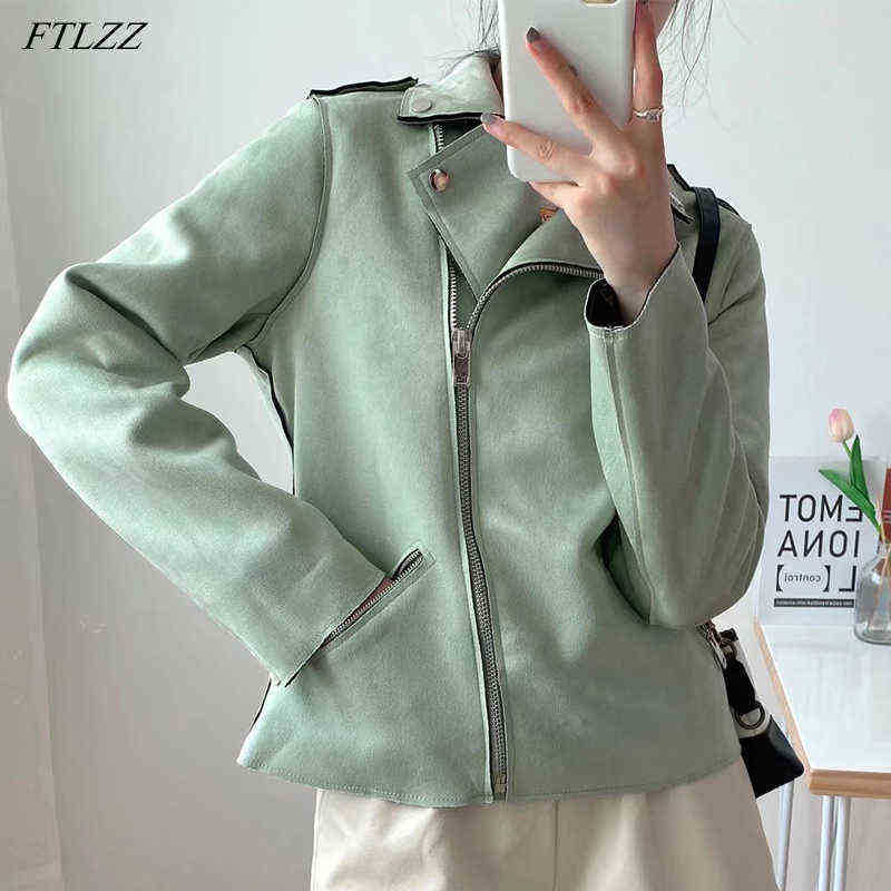 

Ftlzz Spring Autumn Faux Suede Leather Short Jacket Women Lapel Moto Bike Pu Leather Jacket Casual Locomotive Outfit Chic Female J220727, Light green