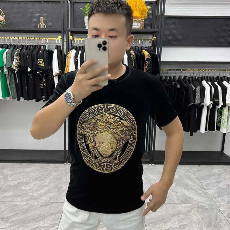 

Fashion ver designer T shirt Medusa hot drill short sleeved mens womens round neck tshirt couple slim pullover tee, Black