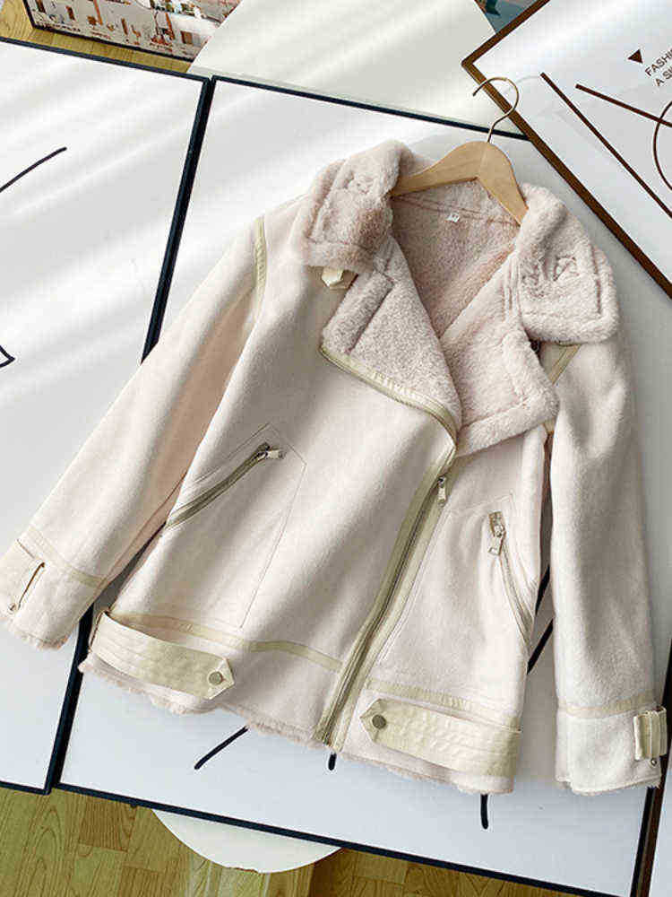 

Ftlzz New Winter Thick Warm Faux Rabbit Fur Coat Women Faux Leather Suede Jacket Lady Zipper Lapels Loose Motorcycle Runner J220727, Black