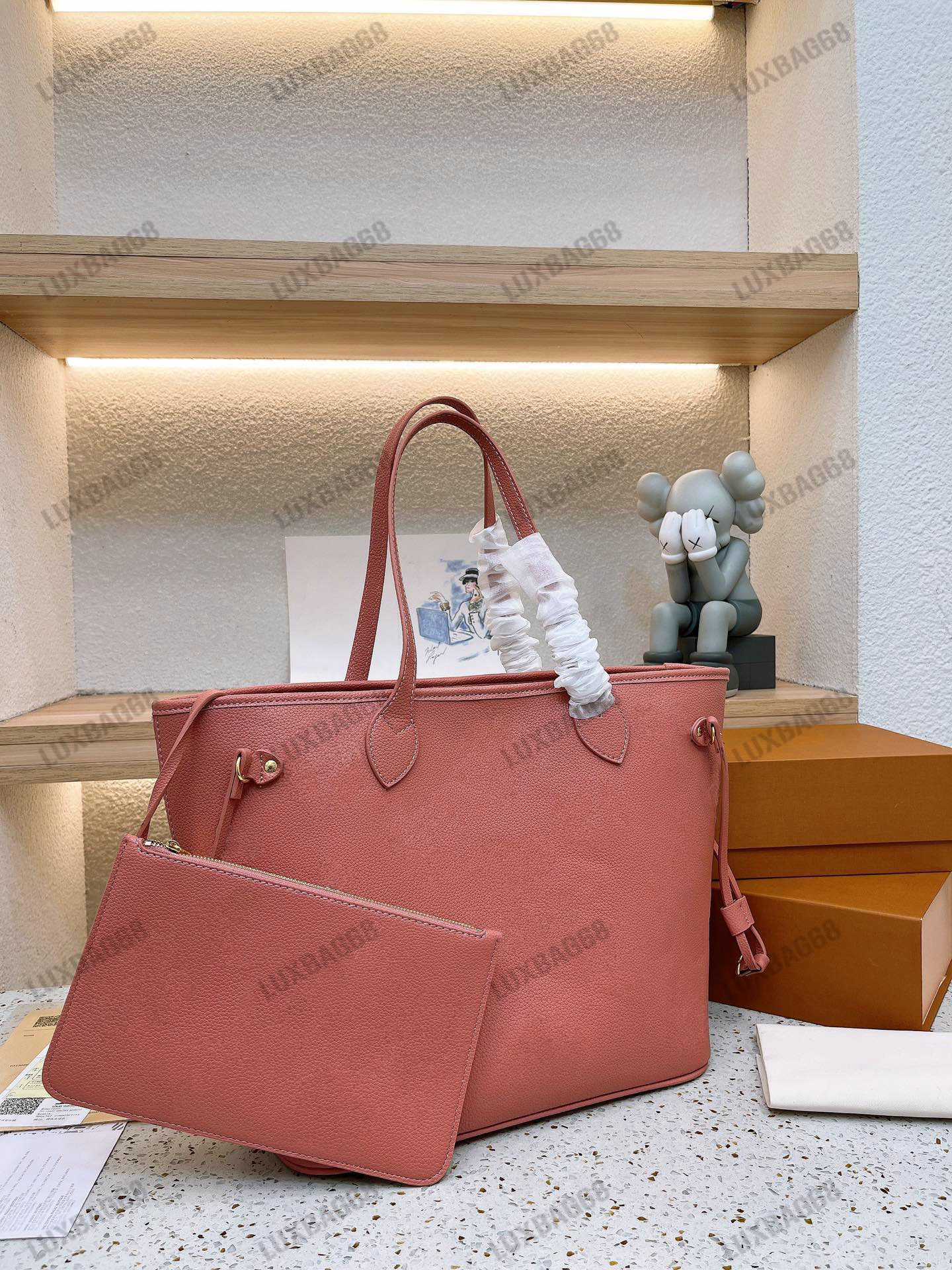 

2023SS Rose Pink 2PCs Shoulder Bags Never MM Tote Full Cognac Brown M46135 Women Designer Beach Shopping Bag with Zipped Pouch Tourterelle Gray Black