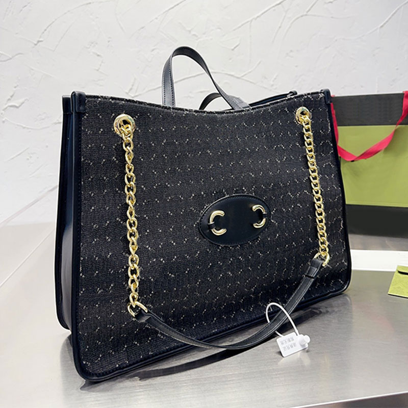 

Chains Shoulder Bags Large Capacity Tote Bag Women Handbag Purse Fashion Letters Beach Shopping Bag Plain Chain Strap Two Leather Handle Double Ring Hardware 2023, Black