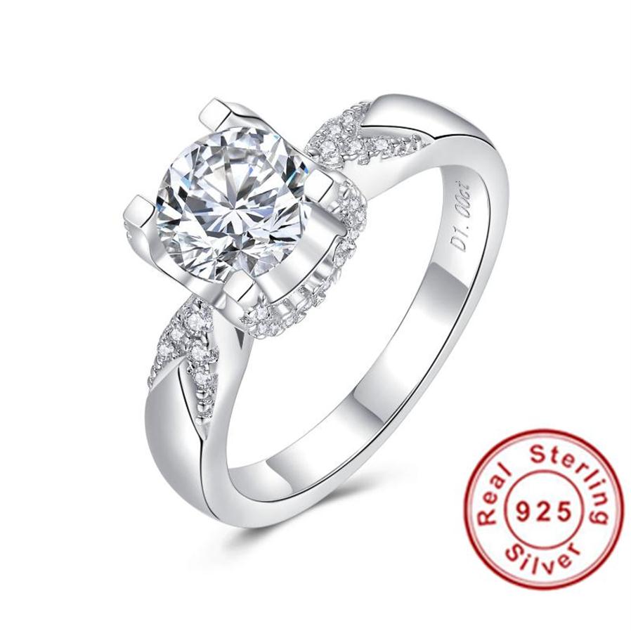 

Wedding Rings 1ct 9 0mm EF Round 18K White Gold Plated 925 Silver Moissanite Ring For Women Diamond Test Passed Woman Girl Gift298R