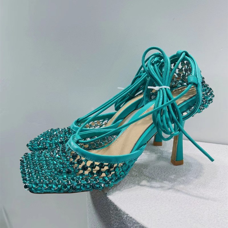 

New Summer Hollow Crystal Mesh Women's Sandals Genuine Leather Square Toe Runway Party Diamond Fashion Stiletto Sandals35-42size, Dark brownbox