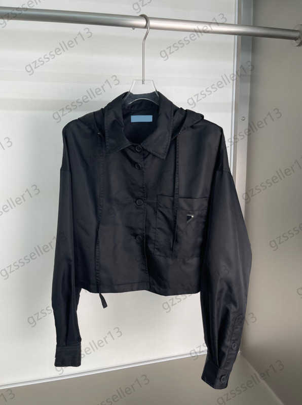 

Womens Jacket Nylon Fabric Short Hooded Drawstring Jackets Lapel Pocket Triangle Logo Ornament Buttons Coats Fashion Socialite Style High-end Women Apparel 1970, 13