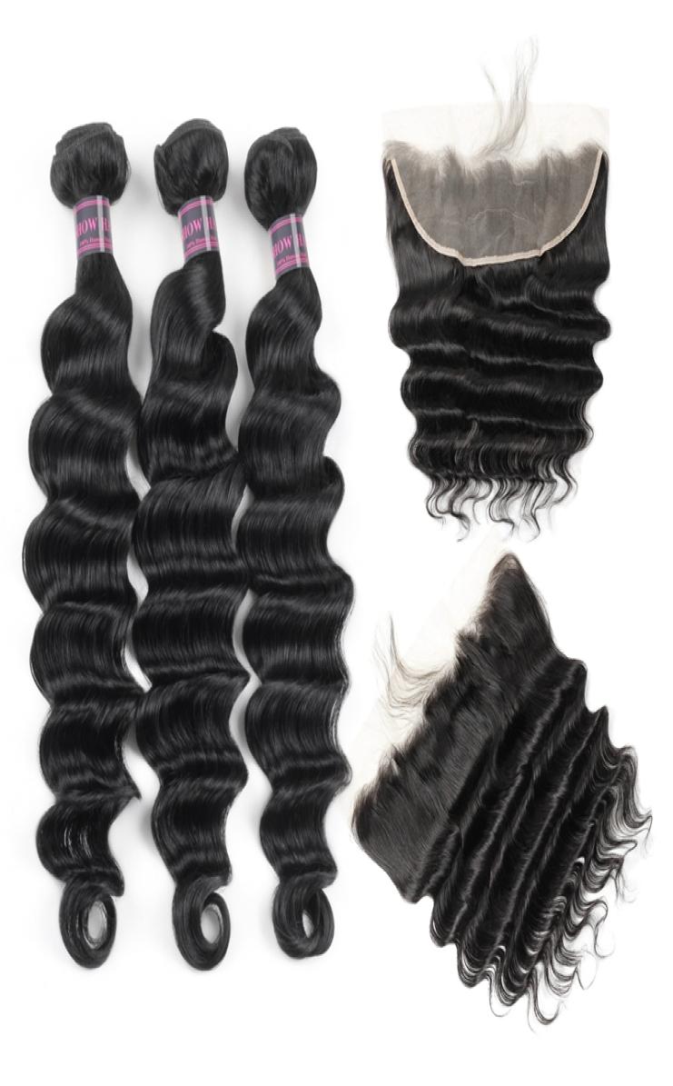 

2021 Brazilian Loose Deep Human Hair Bundles with Closure Kinky Curly Straight 34 PCS with Lace Frontal Peruvian Body For Women A1058249, Water wave