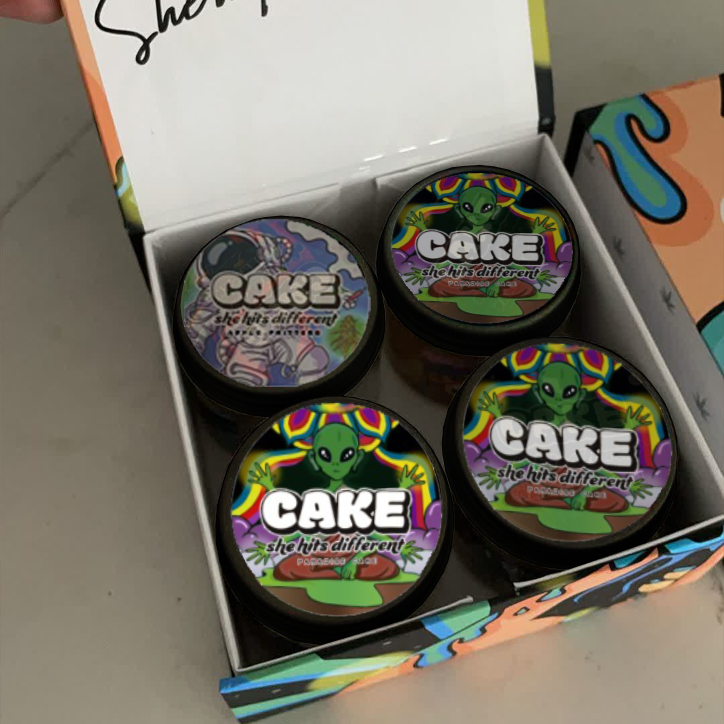 

Empty 1 pound Cake She Hits Different Live Resin 4 Flavors Sticker Labels Packaging With Glass Jar Flip open box 4 Design